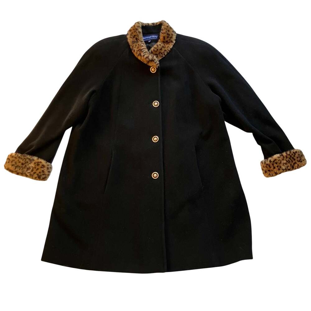 Herman Kay Vintage A-Line Wool Swing Coat 1X Leopard Trim Fur